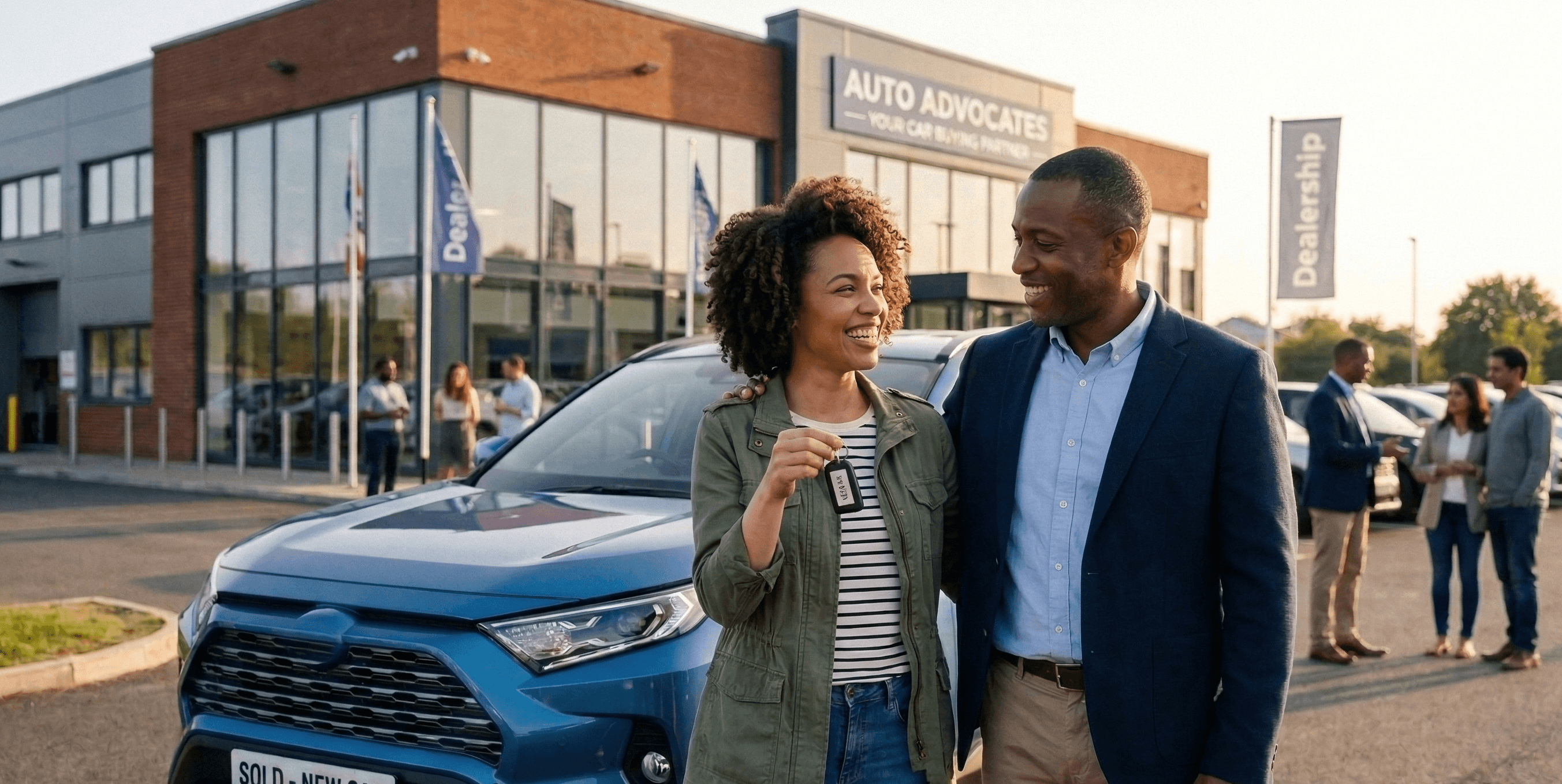 A happy car buyer shaking hands with their Auto Buyer Ally advocate